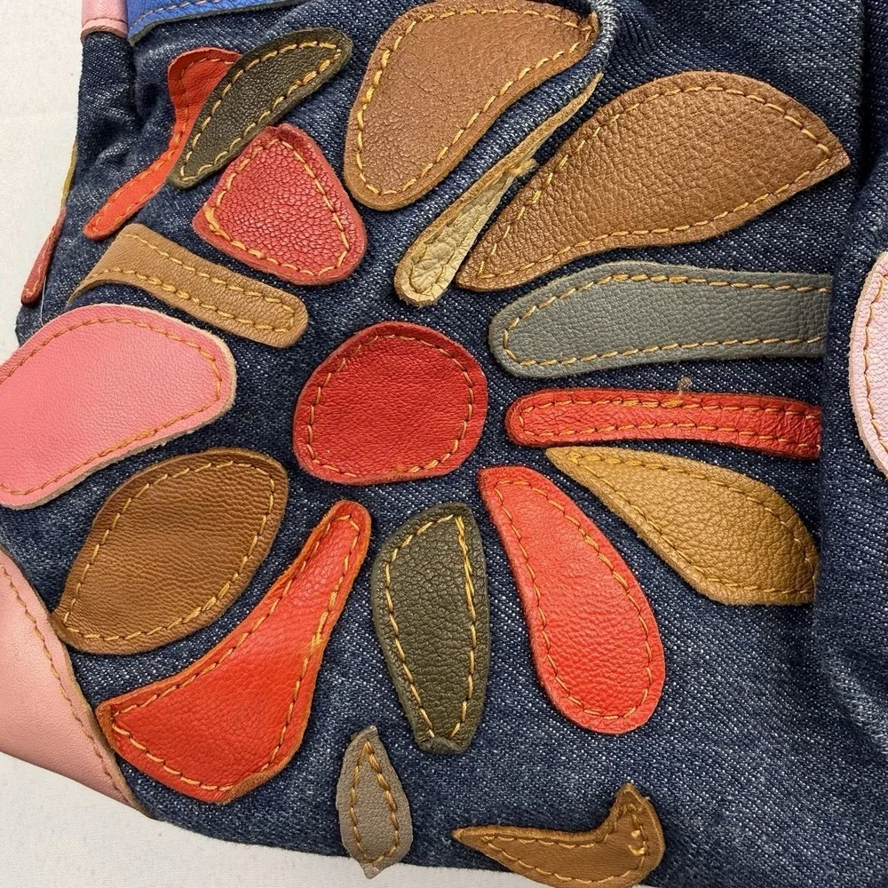 VTG Amerileather‎ Leather Backpack Multi Color Rainbow Flower Boho Denim Bag Y2K